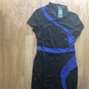 Mandarin Collar Black&Blue Plus Size Pencil Dress